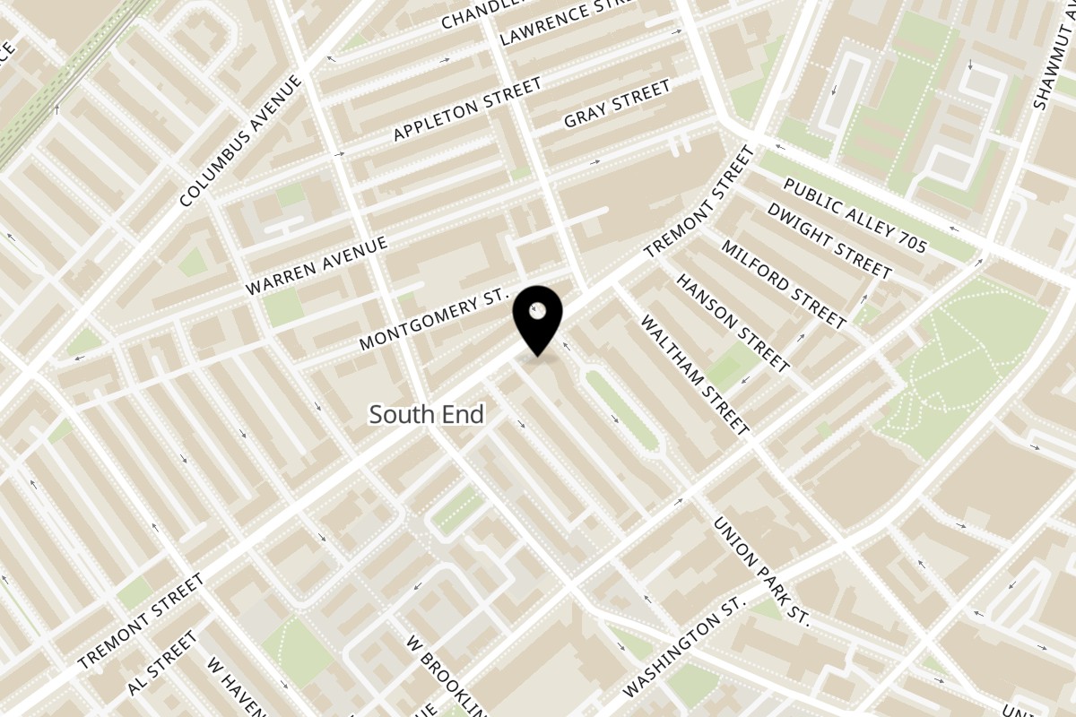 Map showing the location of Mela Modern Indian Cuisine on 578 Tremont St in Boston